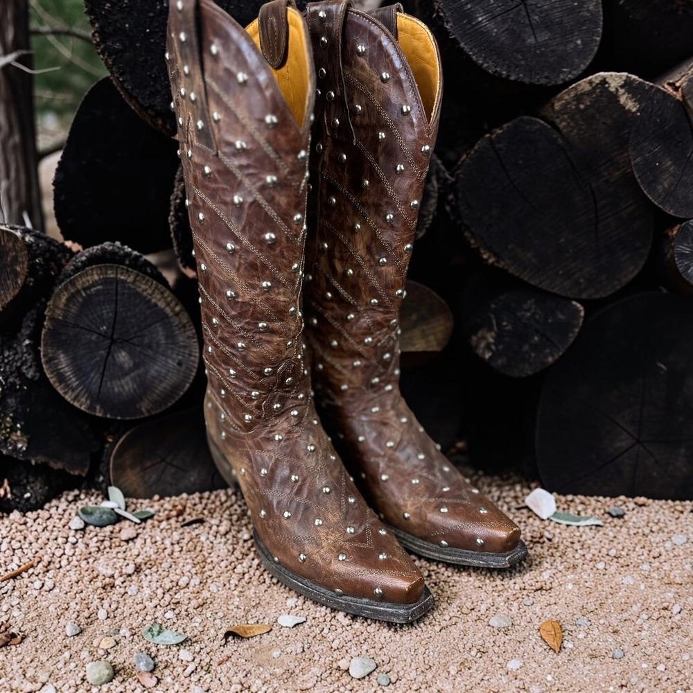 Old Gringo Western Boots Size 6.5 B Brown Studded Leather Snip Toe Tall Cowgirl - Picture 1 of 8